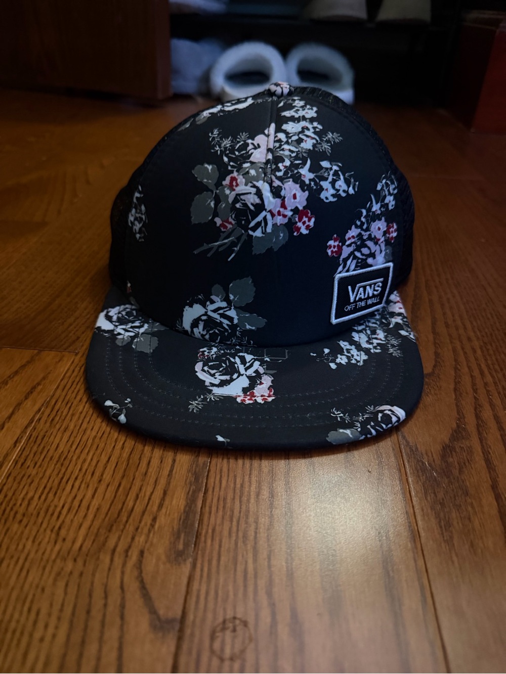 Vans Black Floral Snapback Hat with White and Red Accents